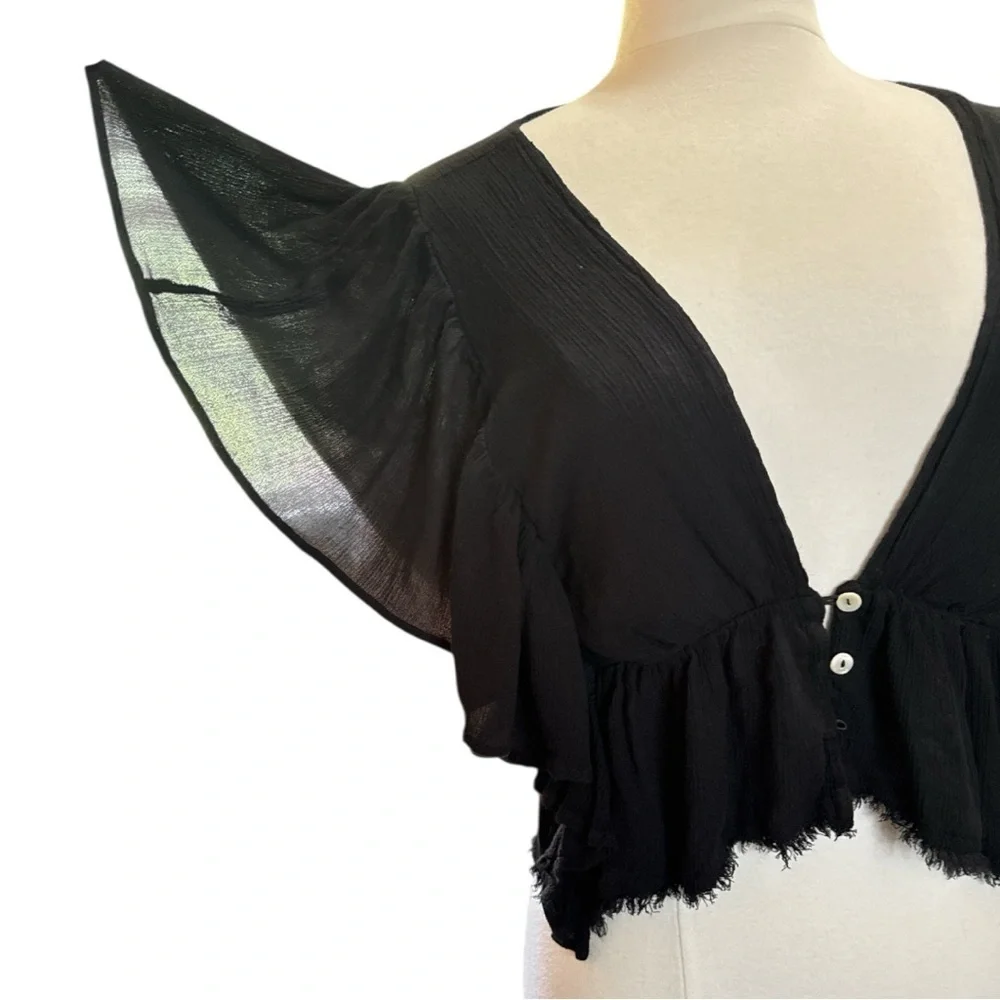 Free People Black Flutter Sleeve Crop Blouse - Picture 5 of 8